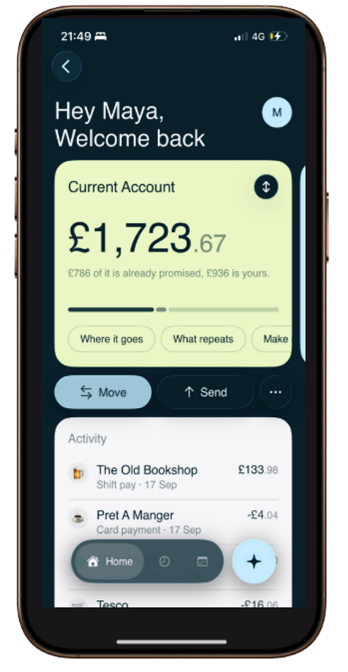Frank app showing Maya’s current account balance and recent activity